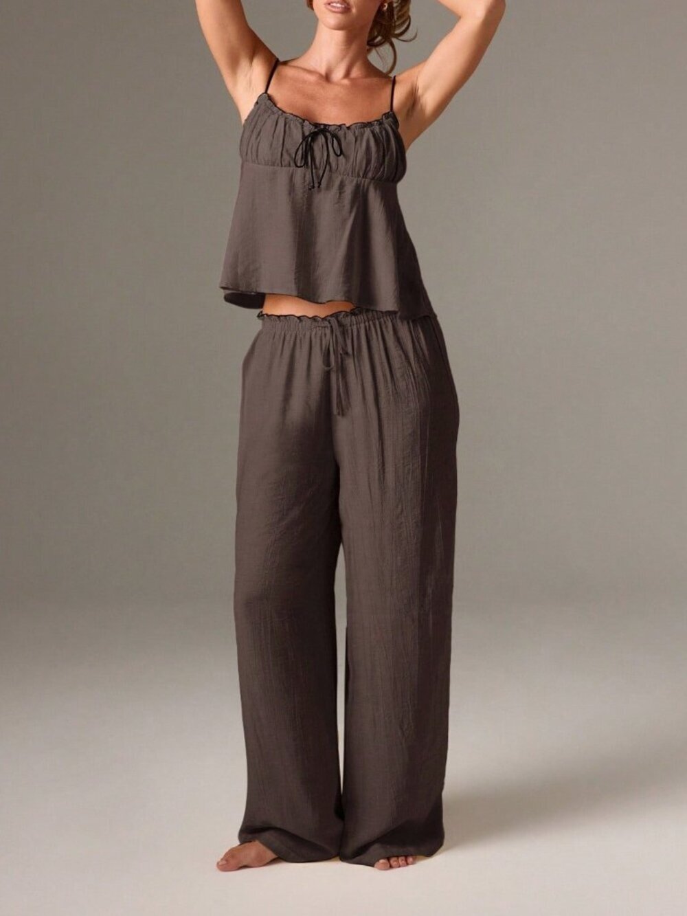 Chocolate Brown CasualWomen's Cami Top And Wide Leg Pants Pajama Set